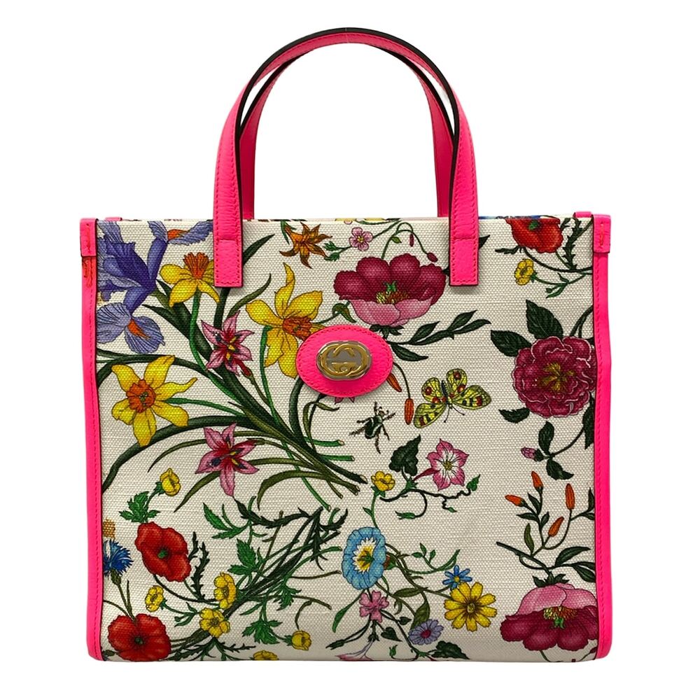 Gucci Flora Handbag 550141 White Pink Multi Canvas Leather